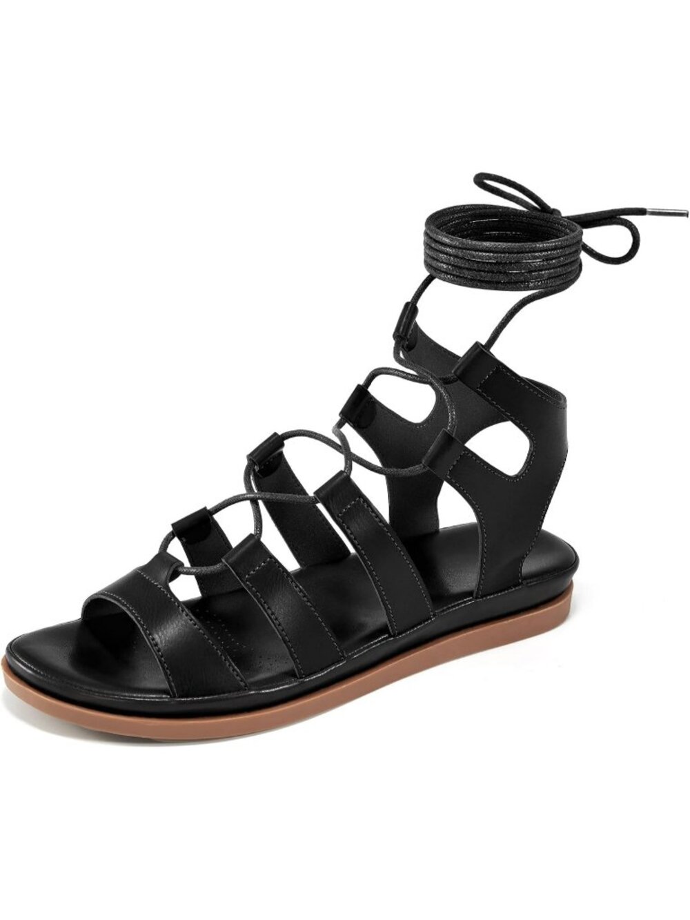 Women's All Black Comfortable Strappy Cross Lace Up Gladiator Flat Sandal Shoes